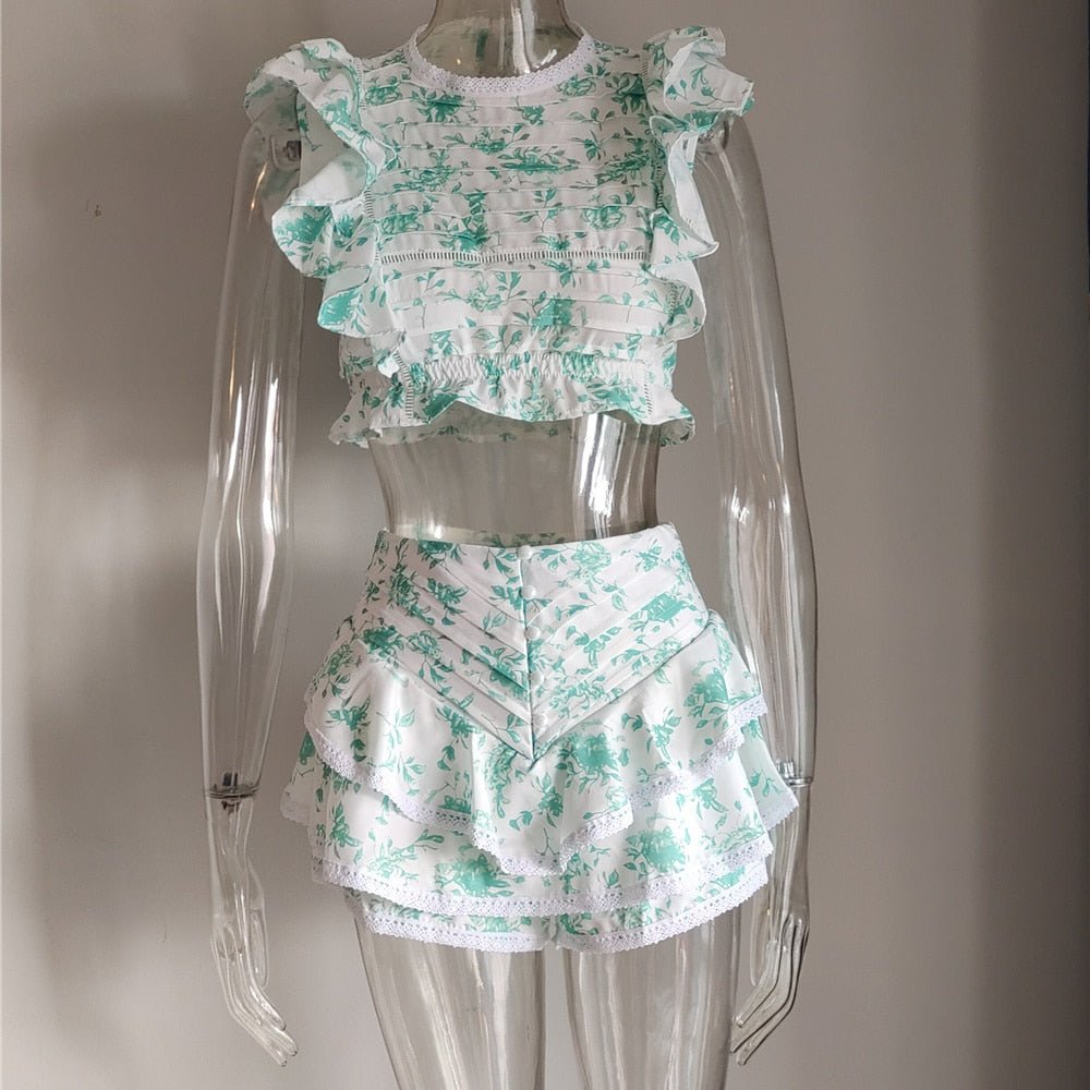 High Quality 2022 Sunday Set elastic waistband Cropped top with ruffle detail and cute ruffle mini shorts skirts - Guy Christopher