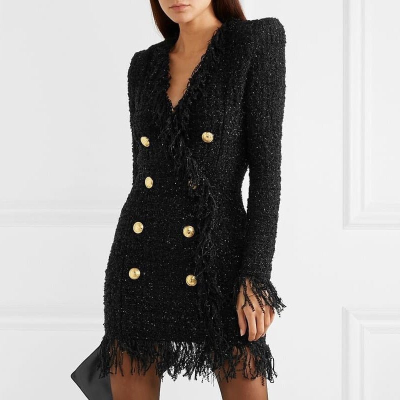 HIGH QUALITY Newest 2023 Designer Runway Women&#39;s Long Sleeve Metal Lion Buttons Fringed Tweed Tassel Dress - Guy Christopher