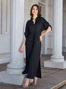 High Slit Roll-tab Sleeve Notched Neck Maxi Dress - Guy Christopher