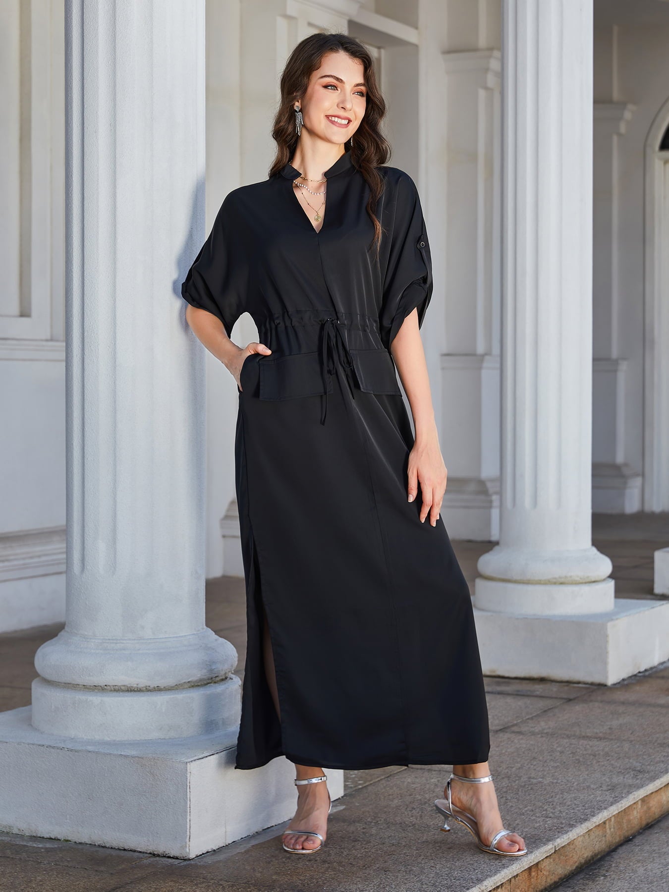 High Slit Roll-tab Sleeve Notched Neck Maxi Dress - Guy Christopher