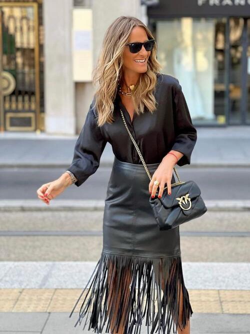 High Waist Fringe Hem Skirt - Guy Christopher