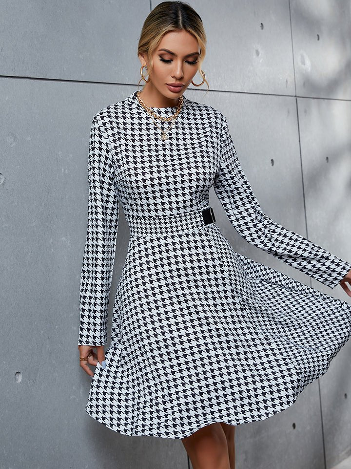 Houndstooth Long Sleeve Round Neck Dress - Guy Christopher