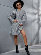 Houndstooth Long Sleeve Round Neck Dress - Guy Christopher