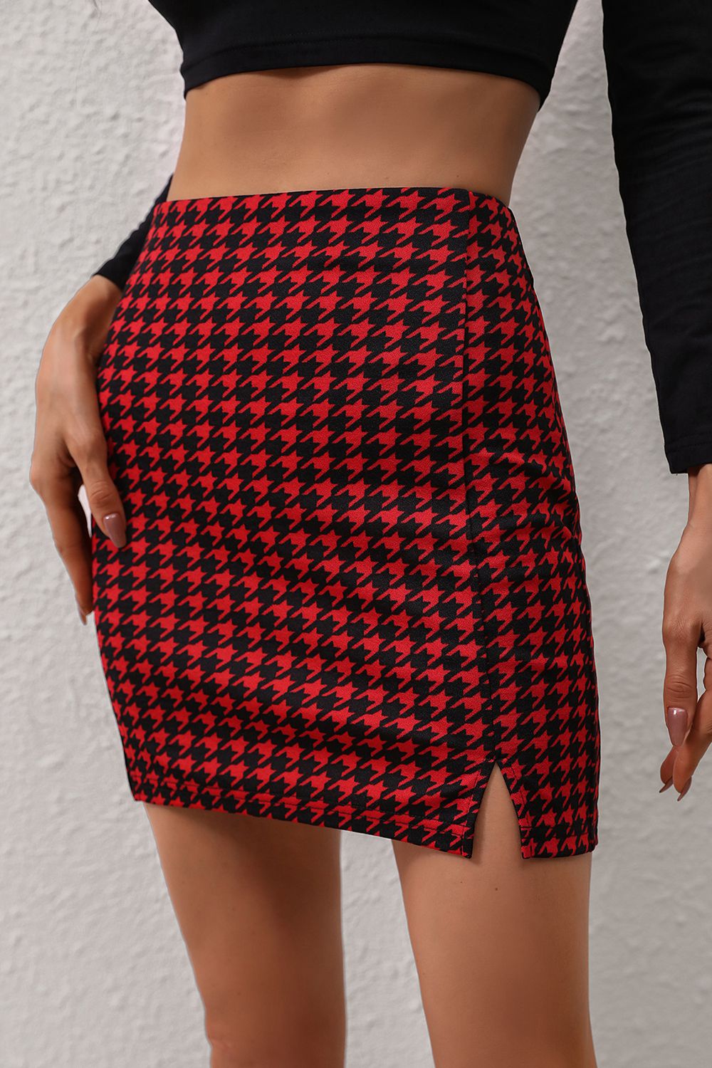 Houndstooth Slit Mini Skirt - Guy Christopher