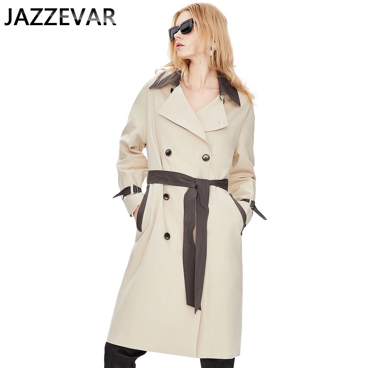 JAZZEVAR Women's Clothing Stitching Leather Collar Ladies Double-breasted Trench Coat Jacket Womens Coat Fashion Mid-length - Guy Christopher