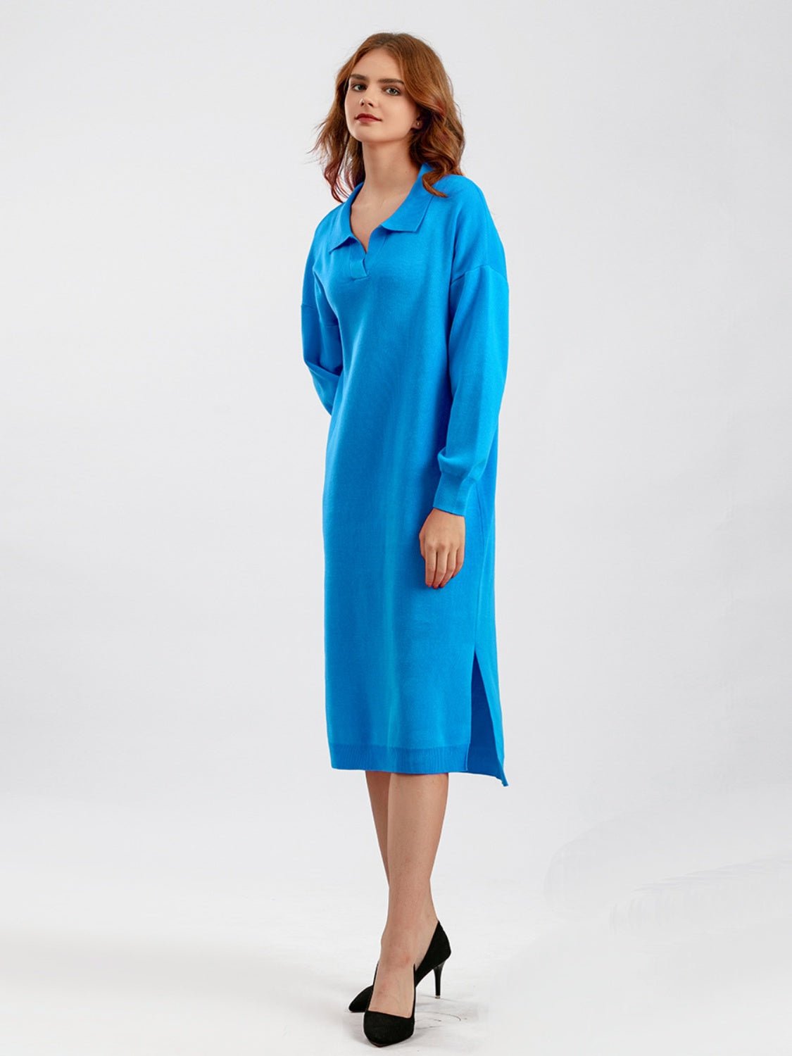 Johnny Collar Long Sleeve Slit Sweater Dress - Guy Christopher