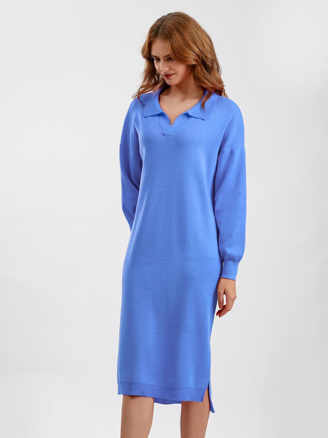 Johnny Collar Long Sleeve Slit Sweater Dress - Guy Christopher