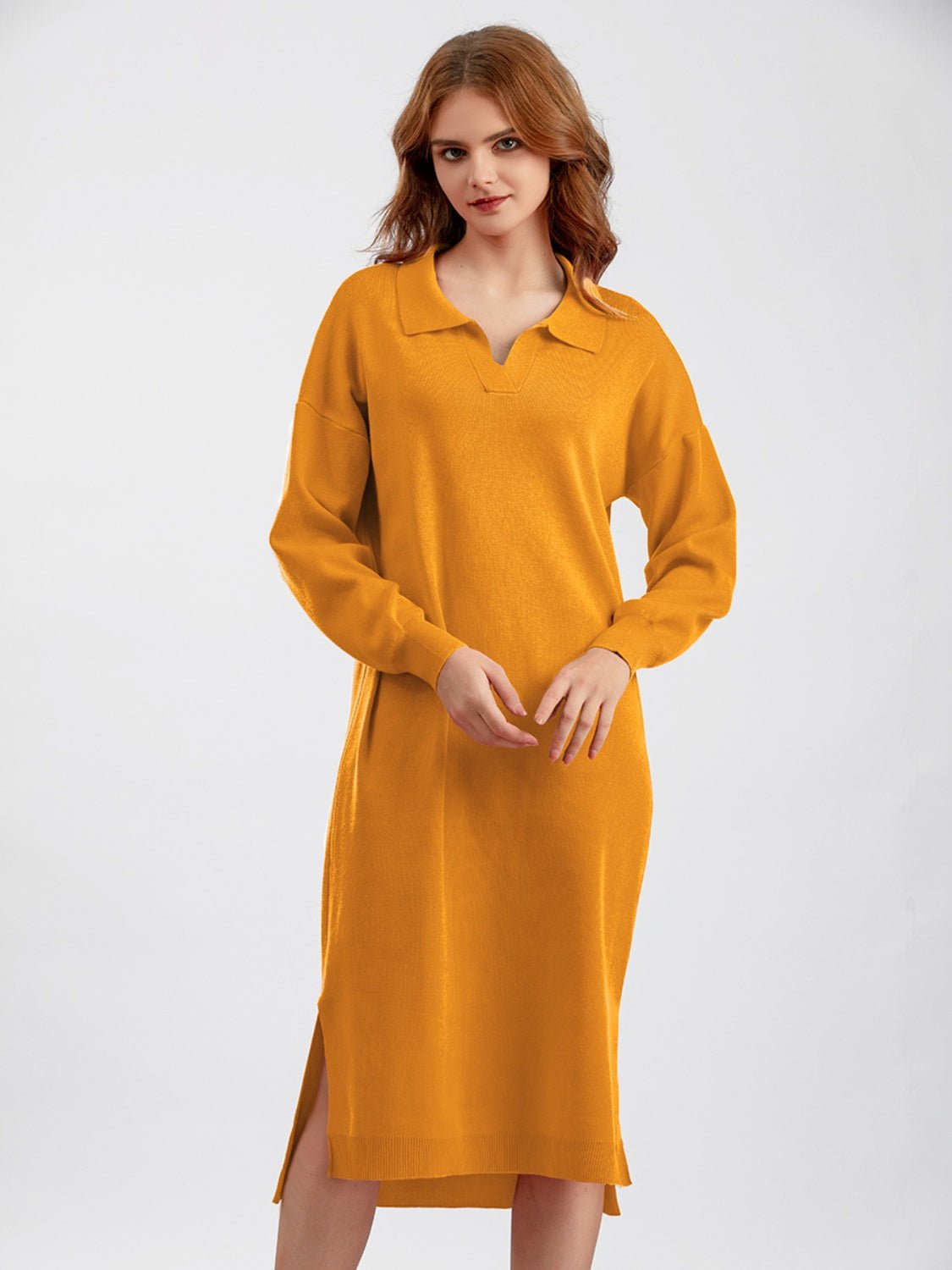 Johnny Collar Long Sleeve Slit Sweater Dress - Guy Christopher