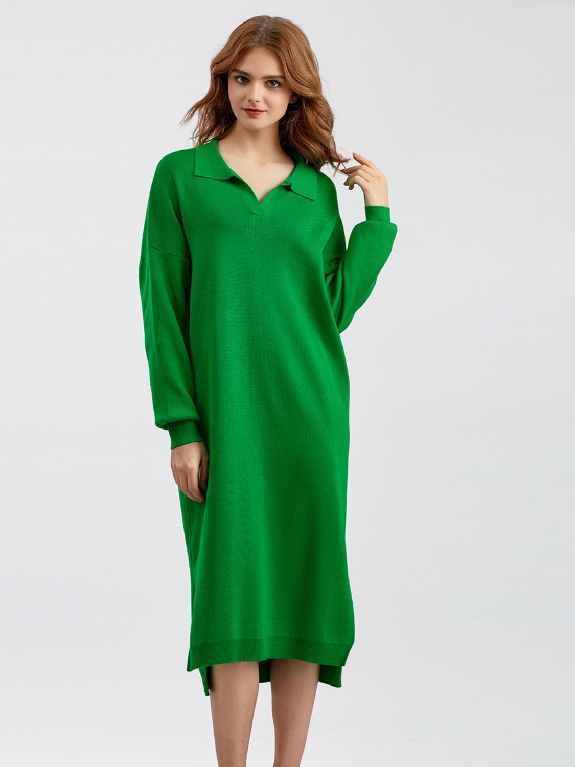 Johnny Collar Long Sleeve Slit Sweater Dress - Guy Christopher