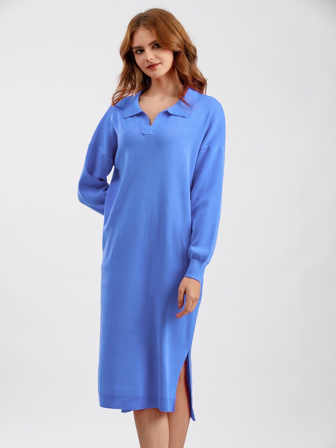 Johnny Collar Long Sleeve Slit Sweater Dress - Guy Christopher