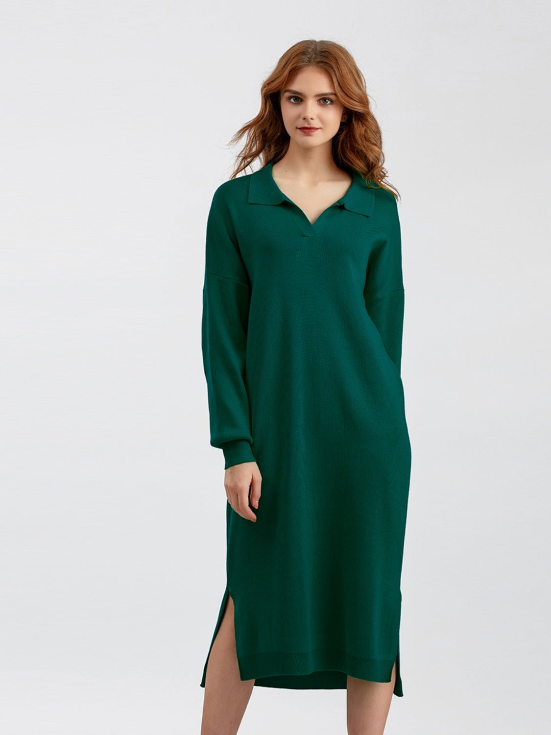 Johnny Collar Long Sleeve Slit Sweater Dress - Guy Christopher