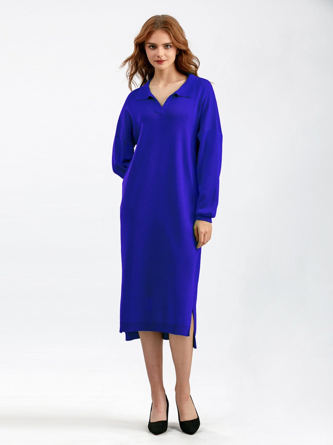 Johnny Collar Long Sleeve Slit Sweater Dress - Guy Christopher