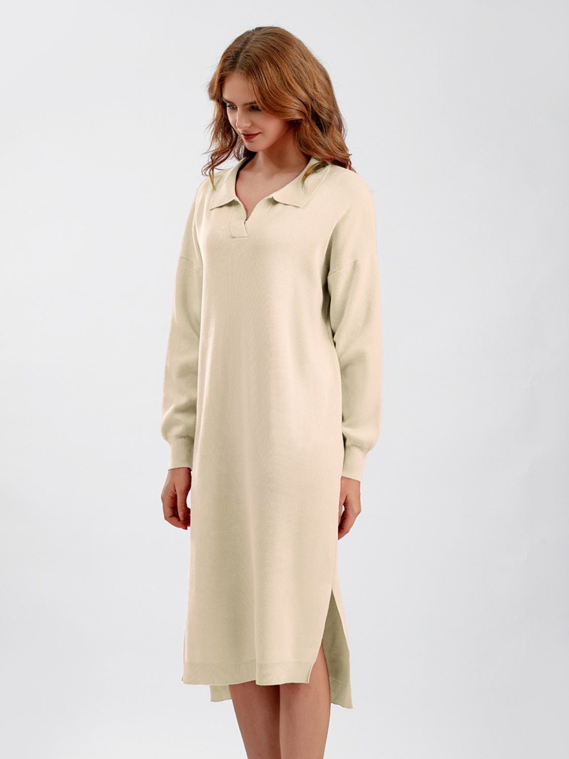 Johnny Collar Long Sleeve Slit Sweater Dress - Guy Christopher