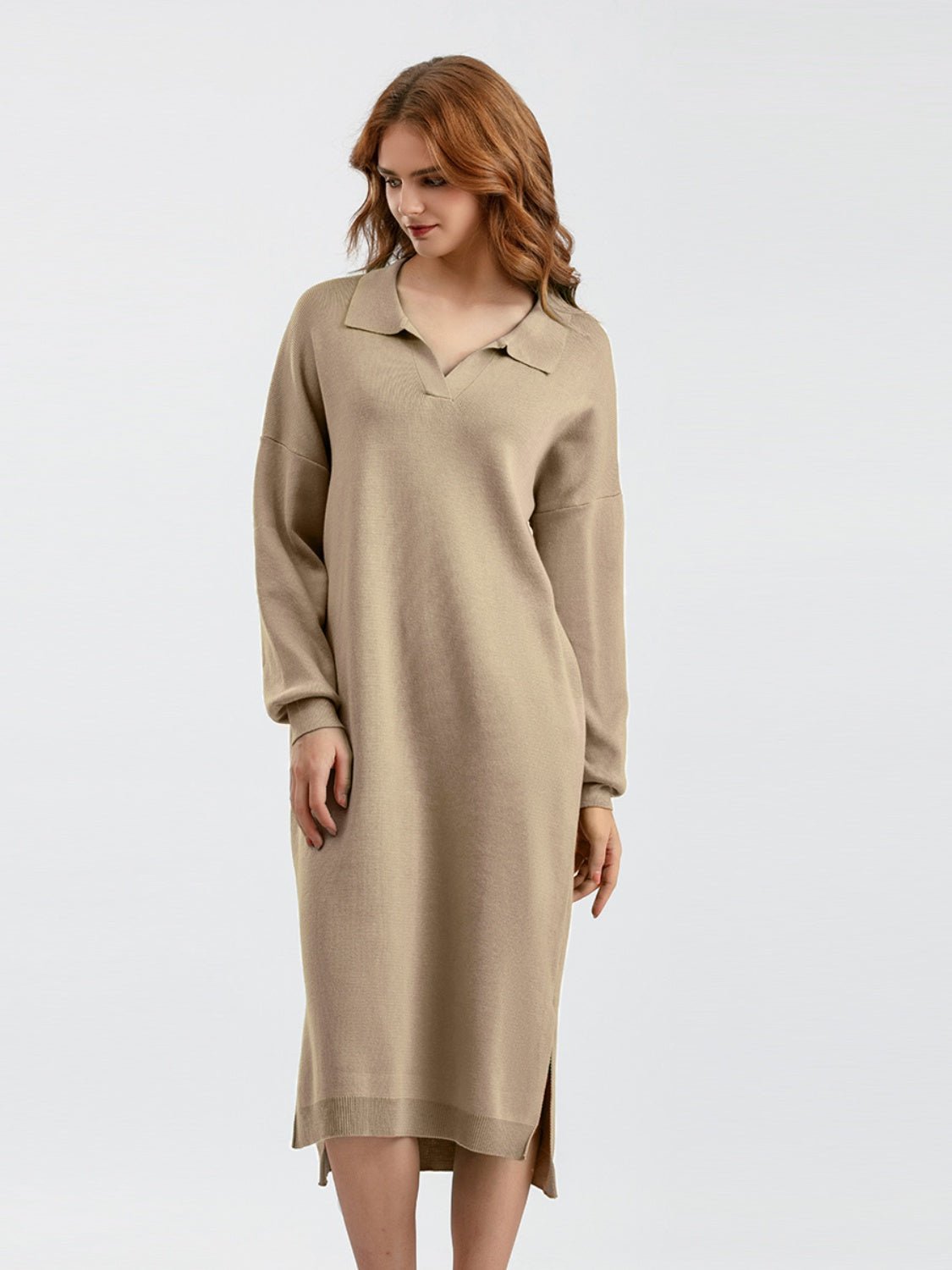 Johnny Collar Long Sleeve Slit Sweater Dress - Guy Christopher