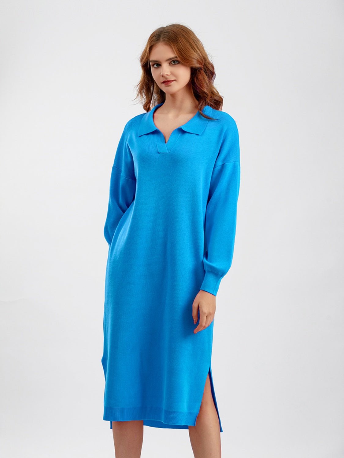 Johnny Collar Long Sleeve Slit Sweater Dress - Guy Christopher