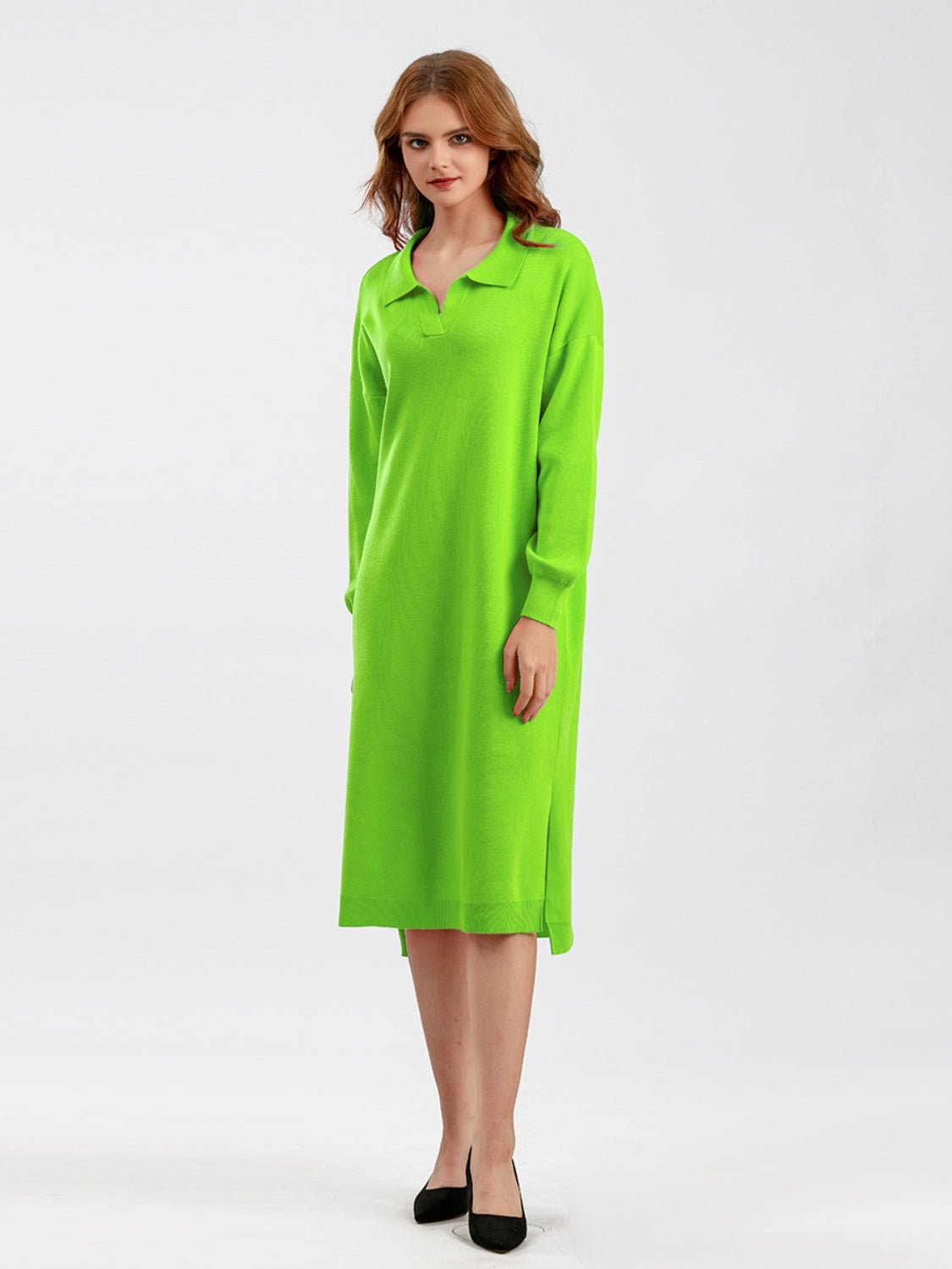 Johnny Collar Long Sleeve Slit Sweater Dress - Guy Christopher