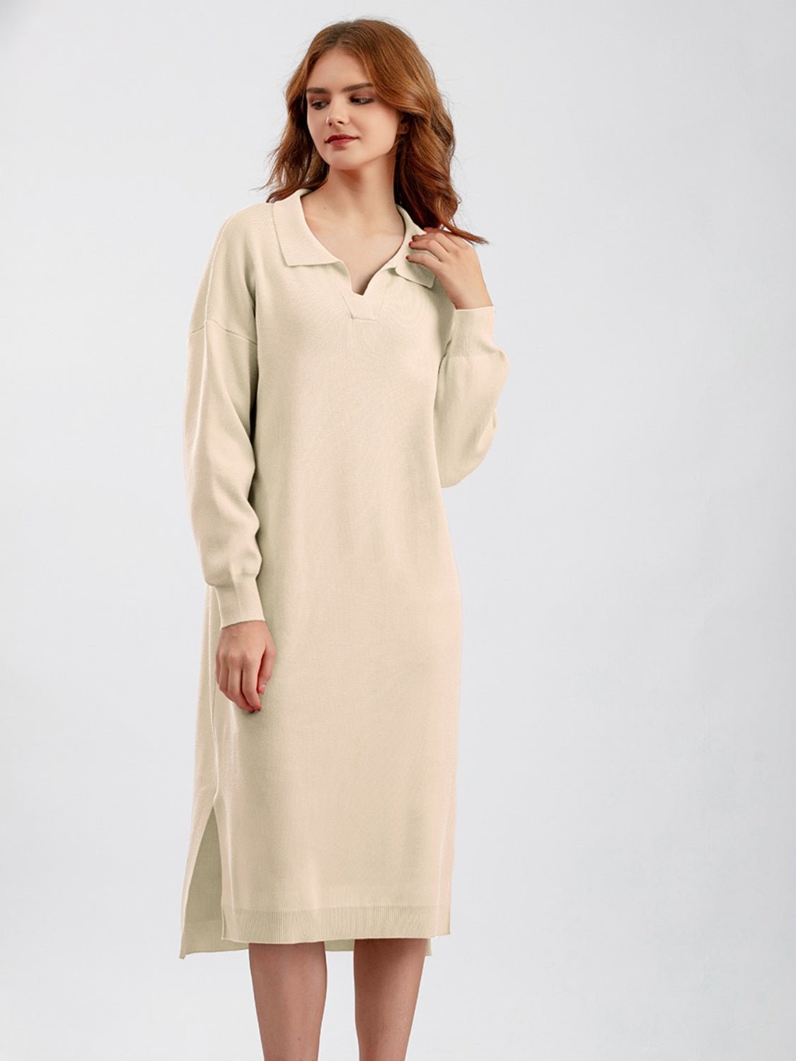 Johnny Collar Long Sleeve Slit Sweater Dress - Guy Christopher