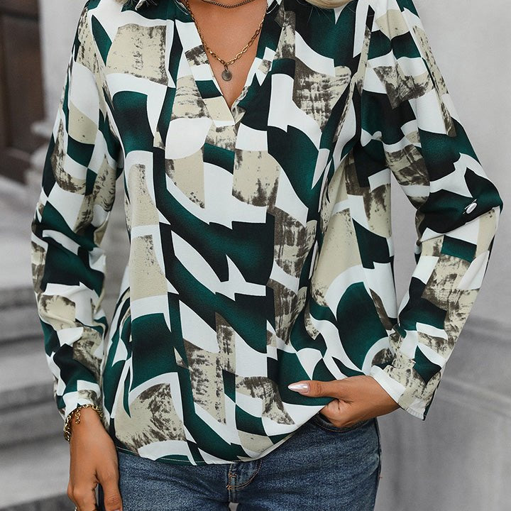 Johnny Collar Printed Long Sleeve Blouse - Guy Christopher