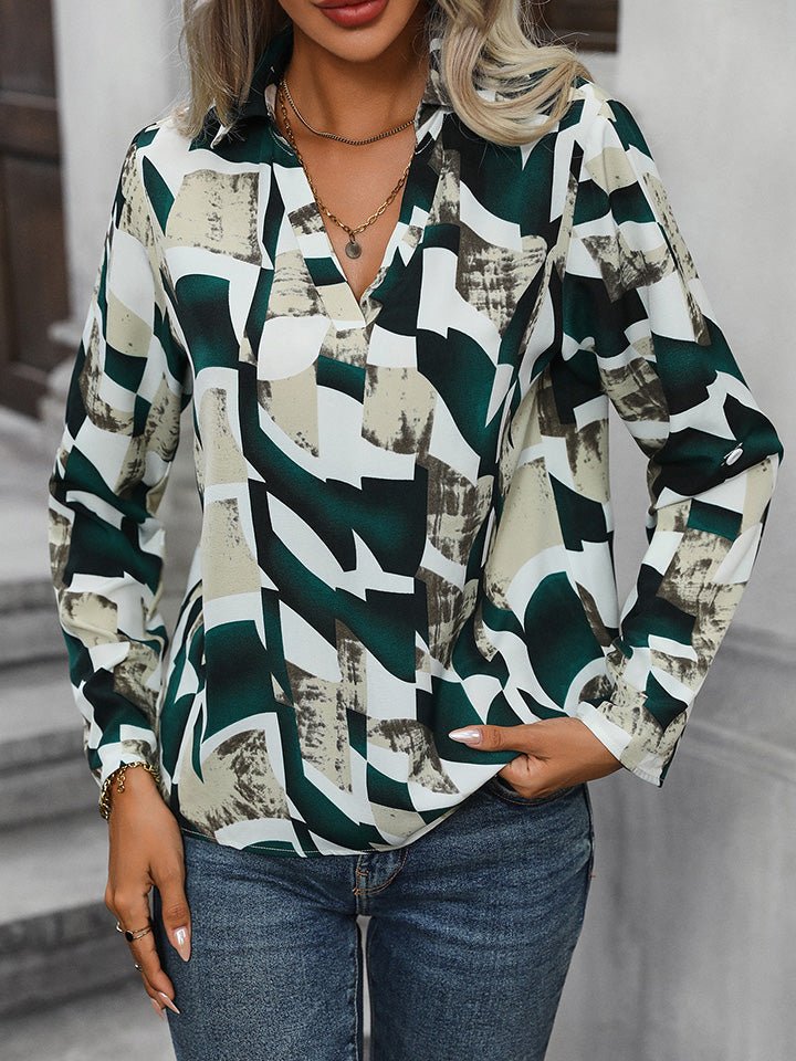 Johnny Collar Printed Long Sleeve Blouse - Guy Christopher
