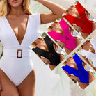JSN7106 White Ruffle swimsuit female Belt Deep v neck woman custom bathing suit beach one piece swimwear women bathing suit - Guy Christopher