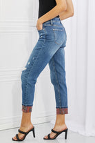 Judy Blue Gina Full Size Mid Rise Paisley Patch Cuff Boyfriend Jeans - Guy Christopher