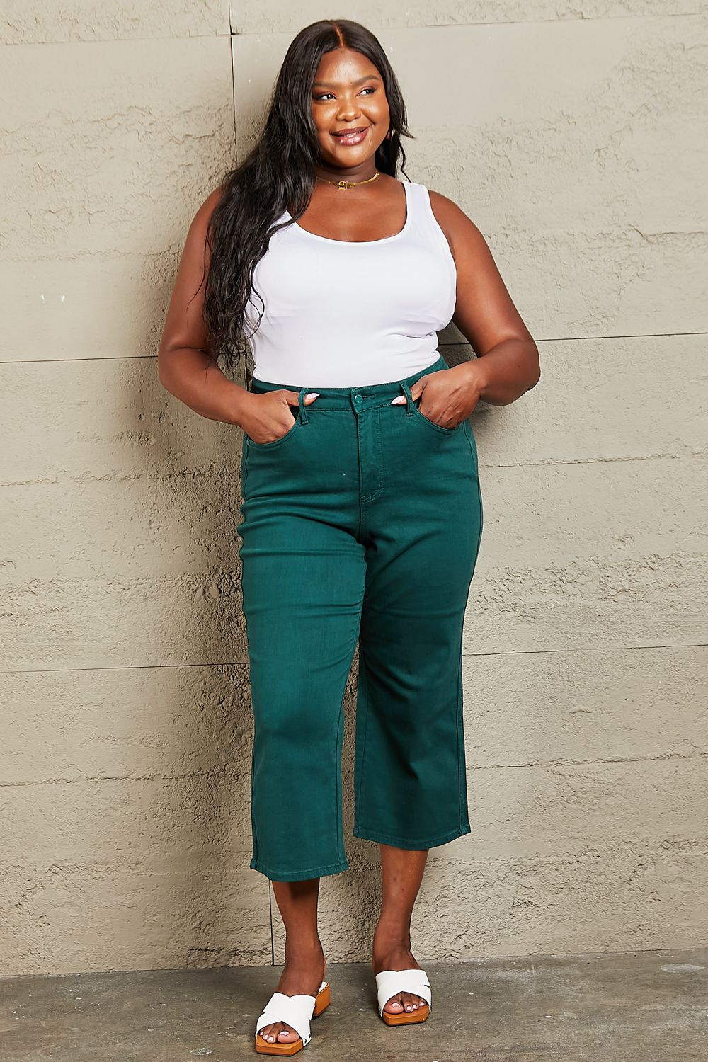 Judy Blue Hailey Full Size Tummy Control High Waisted Cropped Wide Leg Jeans - Guy Christopher
