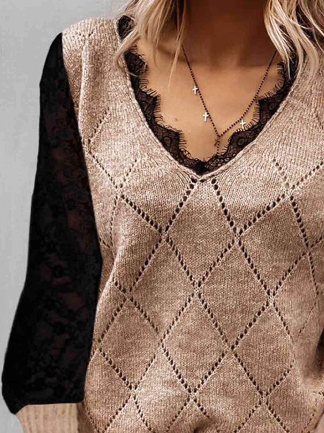 Lace Decor V Neck Two Tone Sweater - Guy Christopher