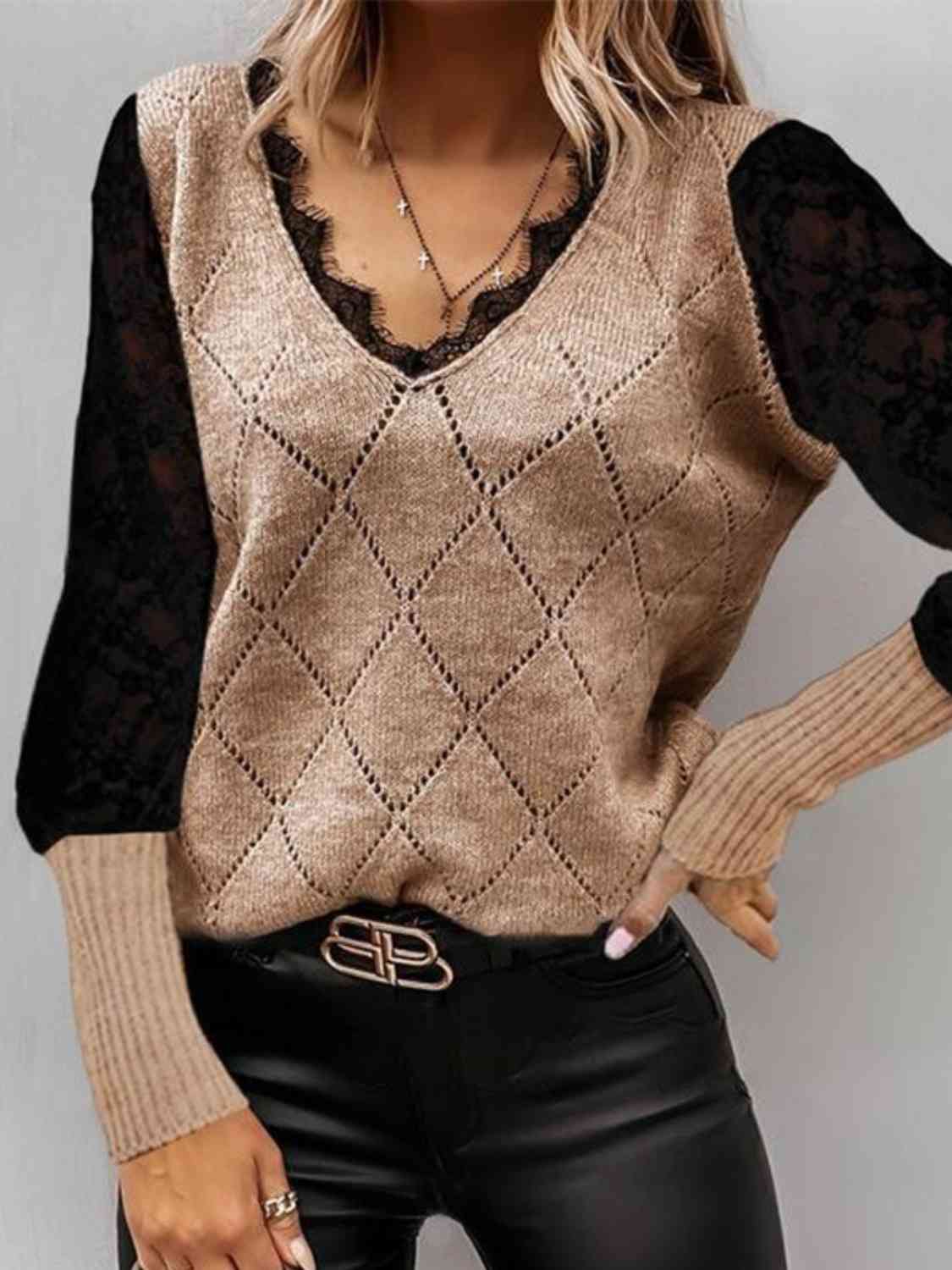 Lace Decor V Neck Two Tone Sweater - Guy Christopher