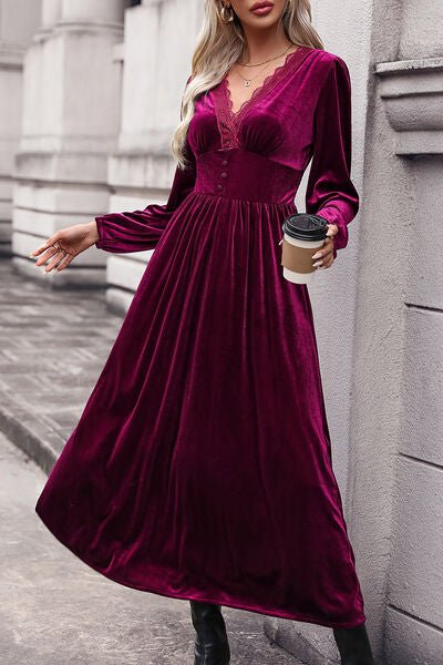 Lace Detail V-Neck Balloon Sleeve Midi Dress - Guy Christopher