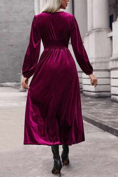 Lace Detail V-Neck Balloon Sleeve Midi Dress - Guy Christopher