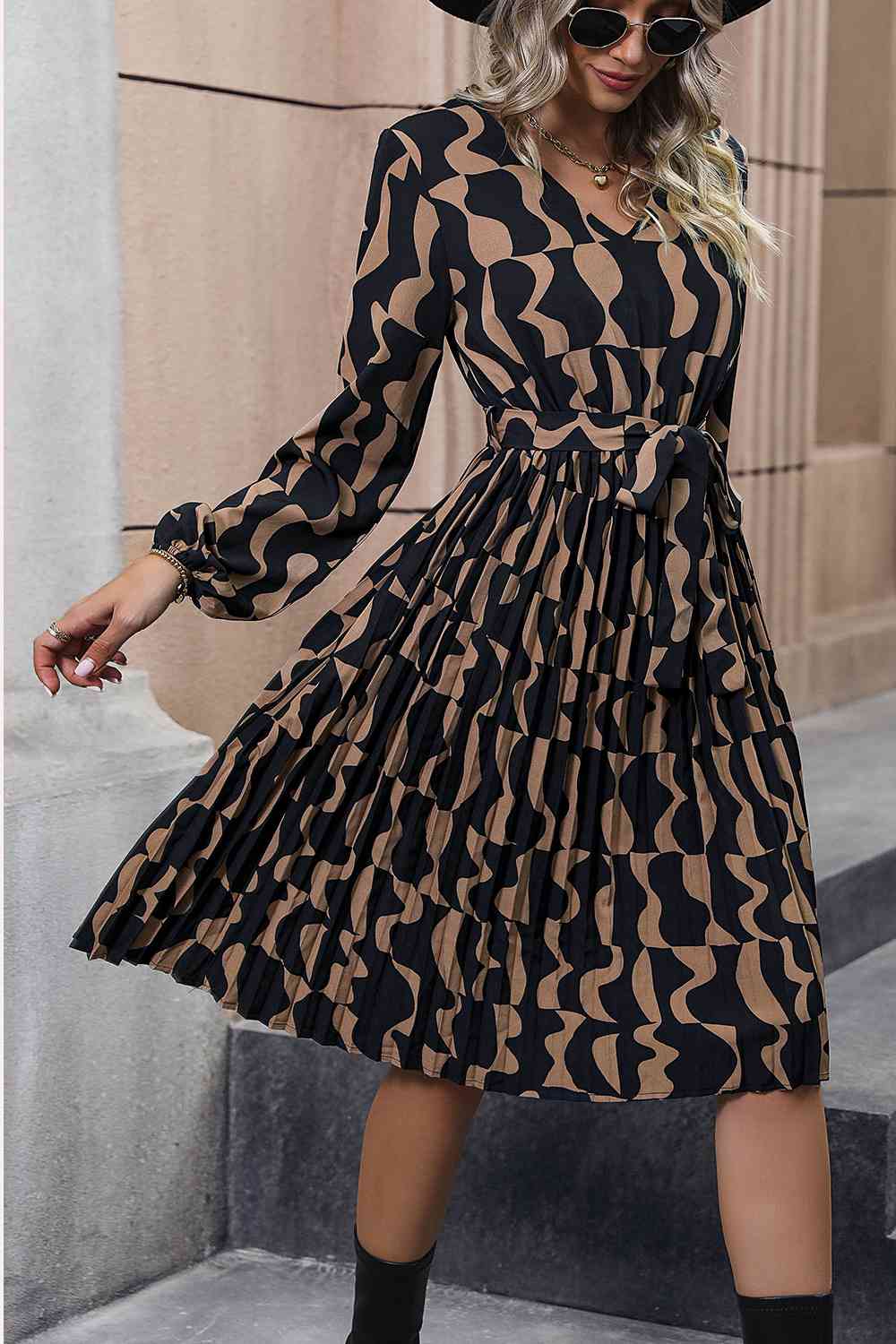 Lace Trim Long Sleeve Tie Waist Dress - Guy Christopher