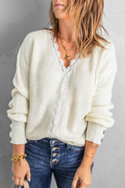 Lace Trim V-Neck Button Cuff Rib-Knit Sweater - Guy Christopher