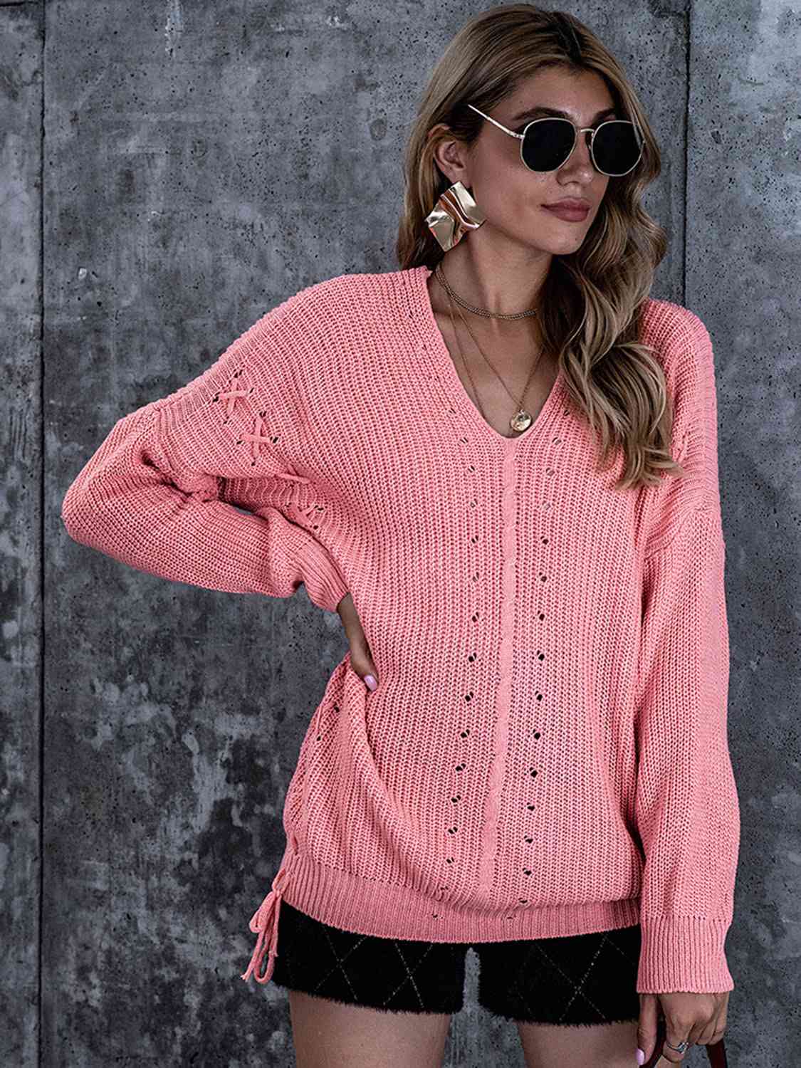 Lace-Up V-Neck Dropped Shoulder Sweater - Guy Christopher