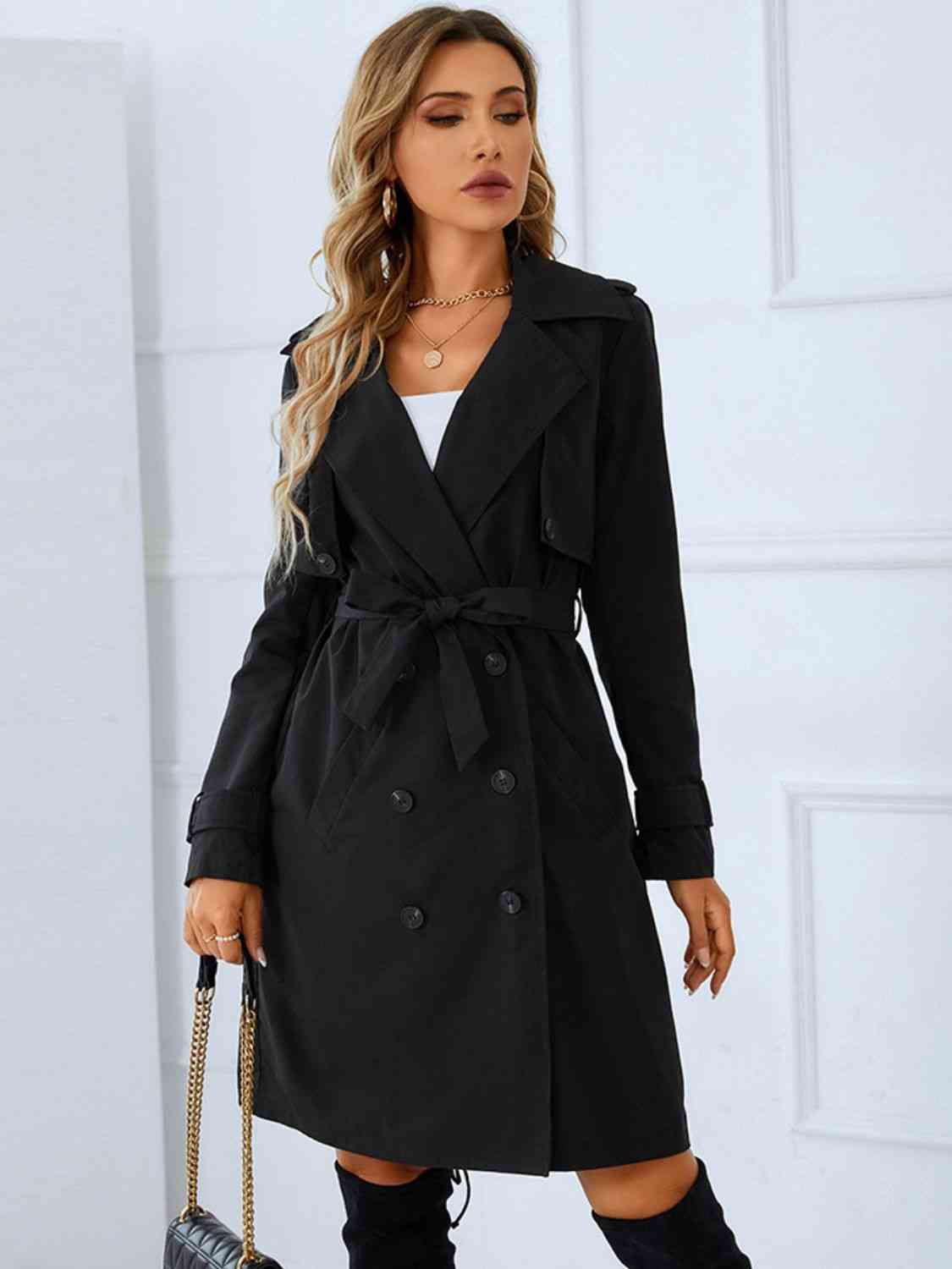 Lapel Collar Tie Belt Double-Breasted Trench Coat - Guy Christopher