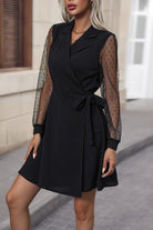 Lapel Collar Tied Mesh Long Sleeve Dress - Guy Christopher