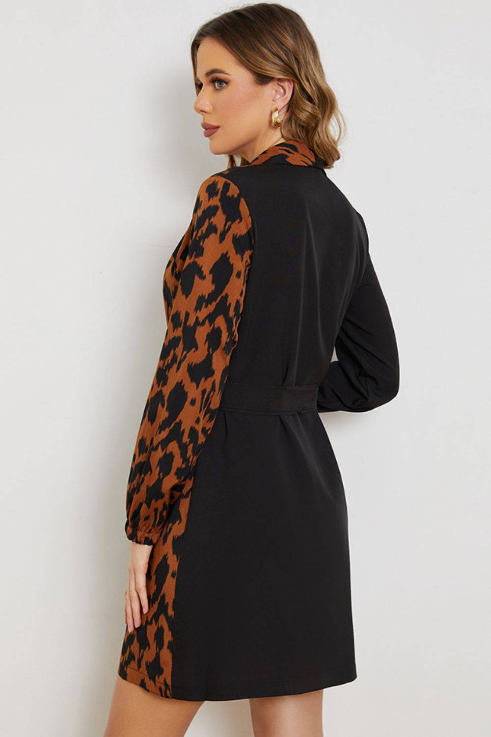 "Leopard Color Block Belted Shawl Collar Dress - Reignite Your Passion and Unleash Your Inner Queen with This Hypnotic Masterpiece" - Guy Christopher