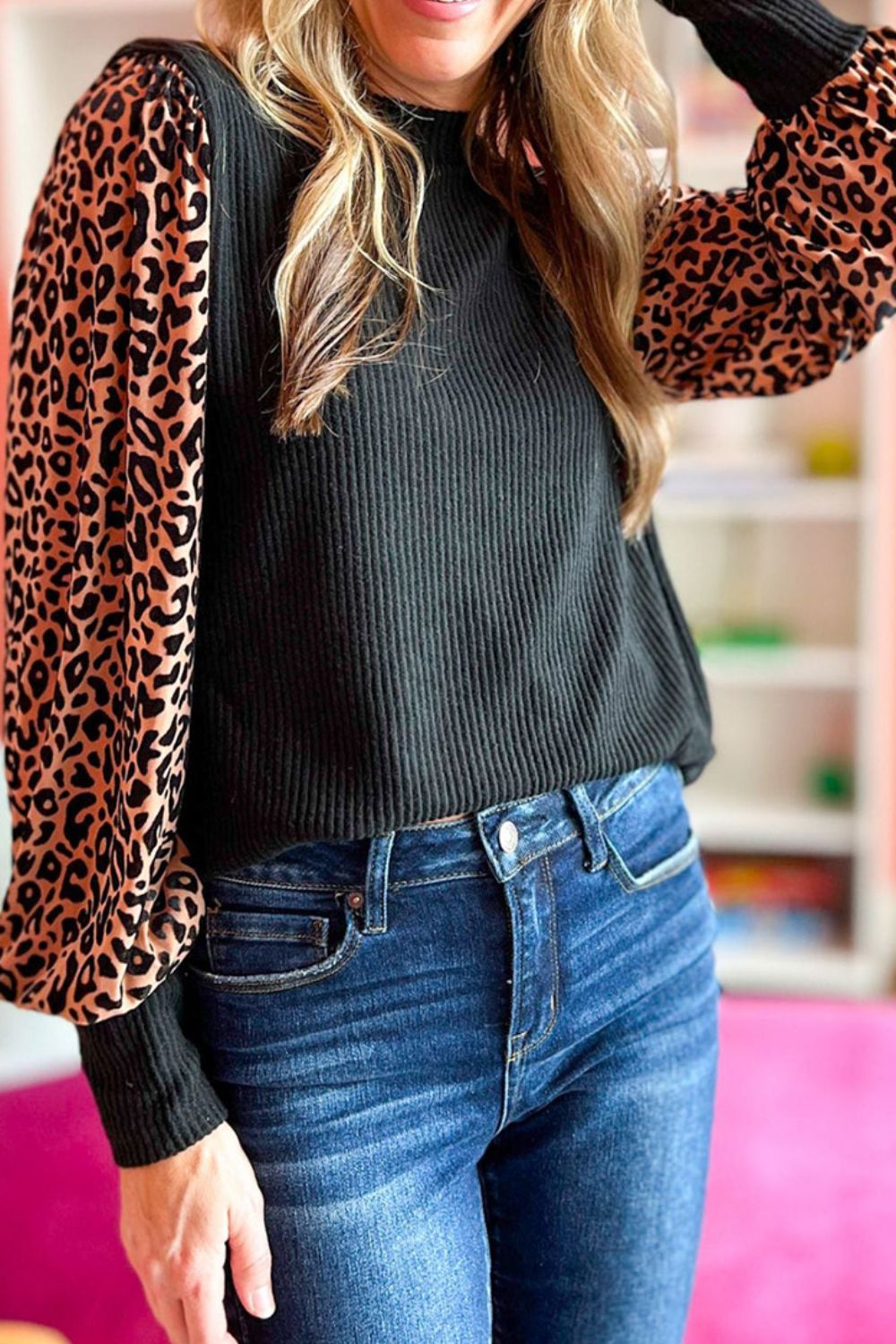 Leopard Print Sleeve Round Neck Blouse - Guy Christopher