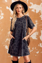 Leopard Round Neck Dropped Shoulder Dress with Pockets - Guy Christopher