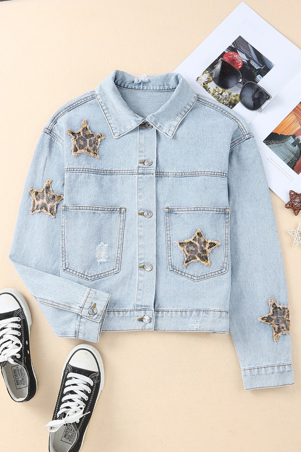 Leopard Star Applique Distressed Denim Jacket - Guy Christopher