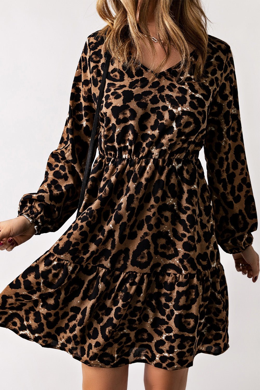 Leopard V-Neck Balloon Sleeve Tiered Dress - Guy Christopher