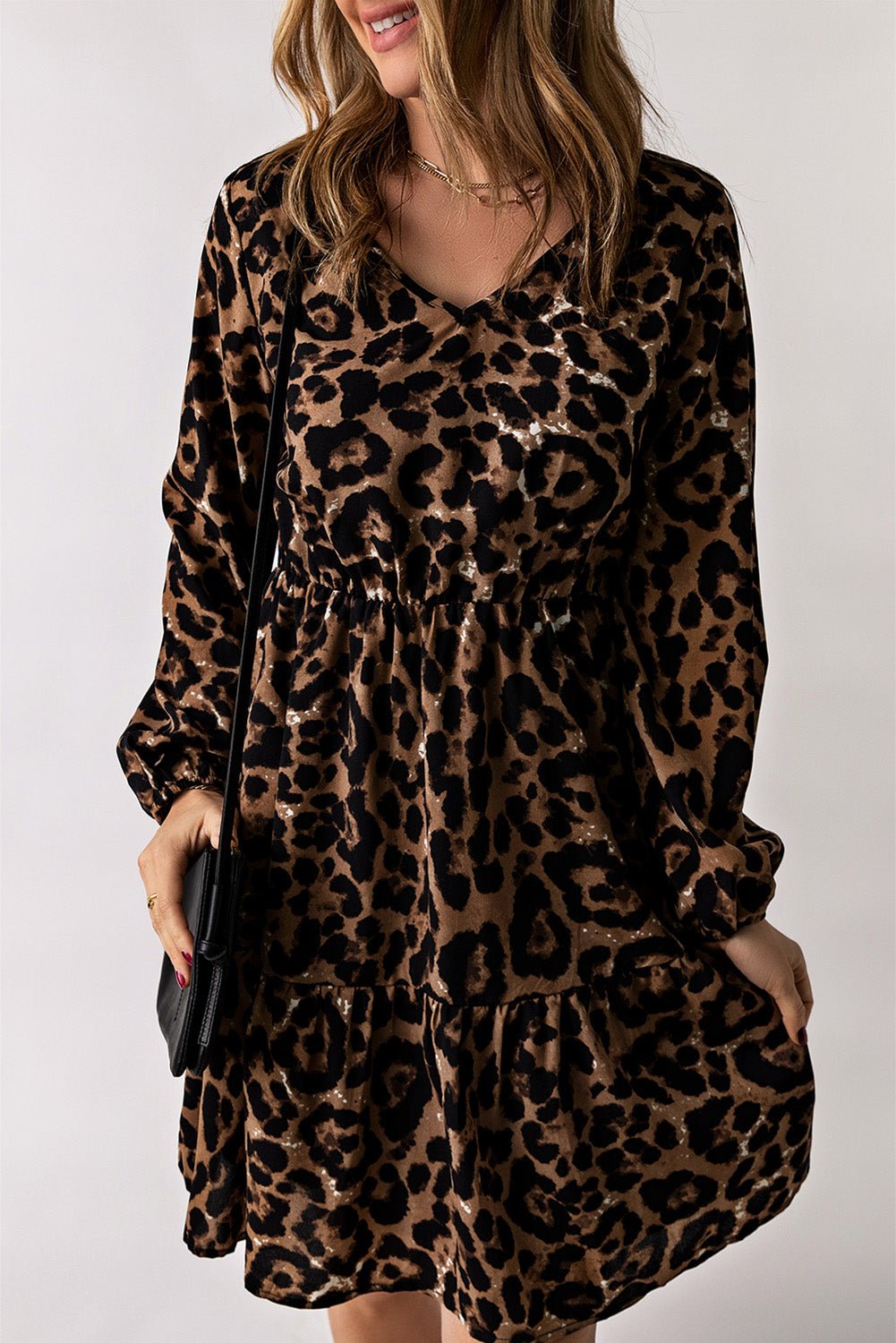 Leopard V-Neck Balloon Sleeve Tiered Dress - Guy Christopher