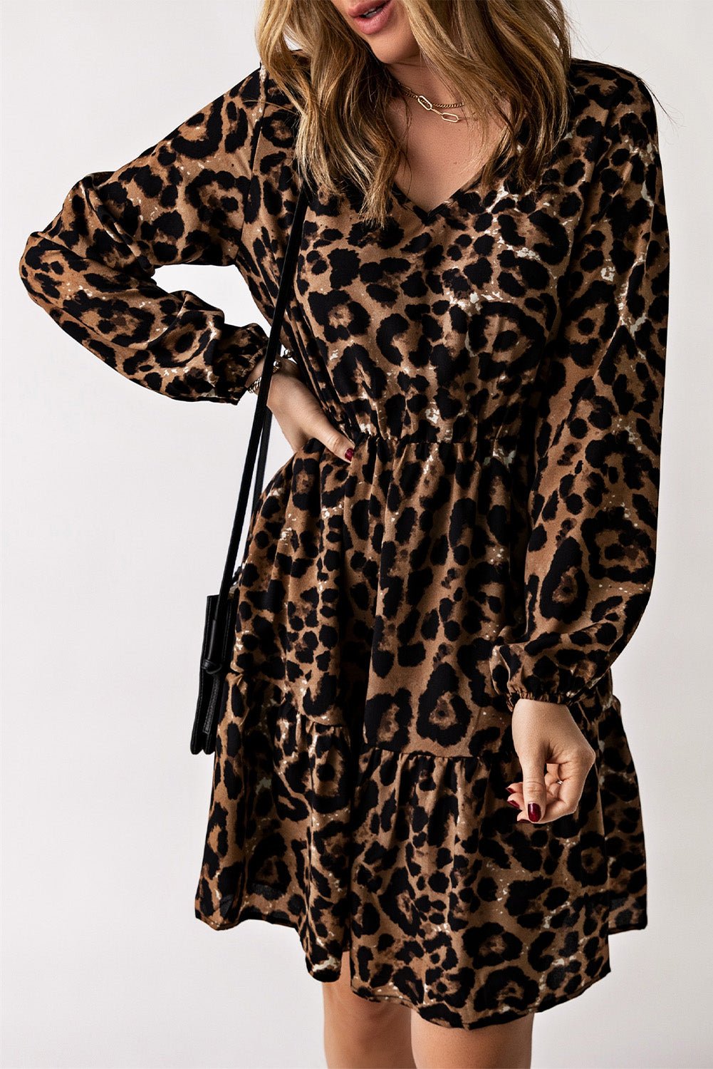 Leopard V-Neck Balloon Sleeve Tiered Dress - Guy Christopher