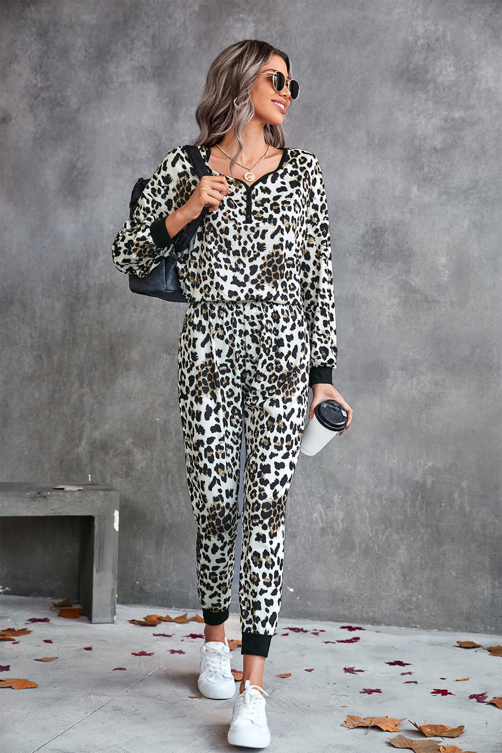 Leopard V-Neck Dropped Shoulder Loungewear Set - Guy Christopher