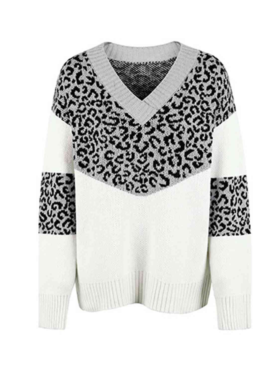 Leopard V-Neck Dropped Shoulder Sweater - Guy Christopher