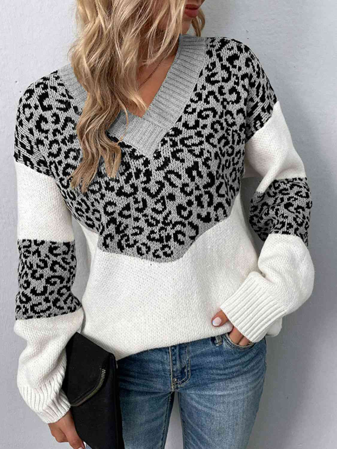 Leopard V-Neck Dropped Shoulder Sweater - Guy Christopher