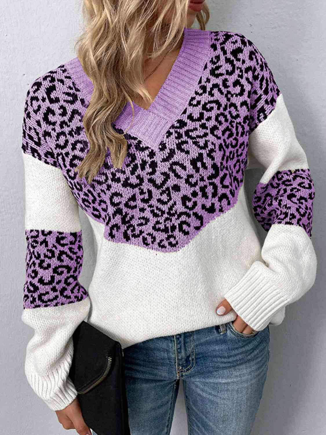 Leopard V-Neck Dropped Shoulder Sweater - Guy Christopher