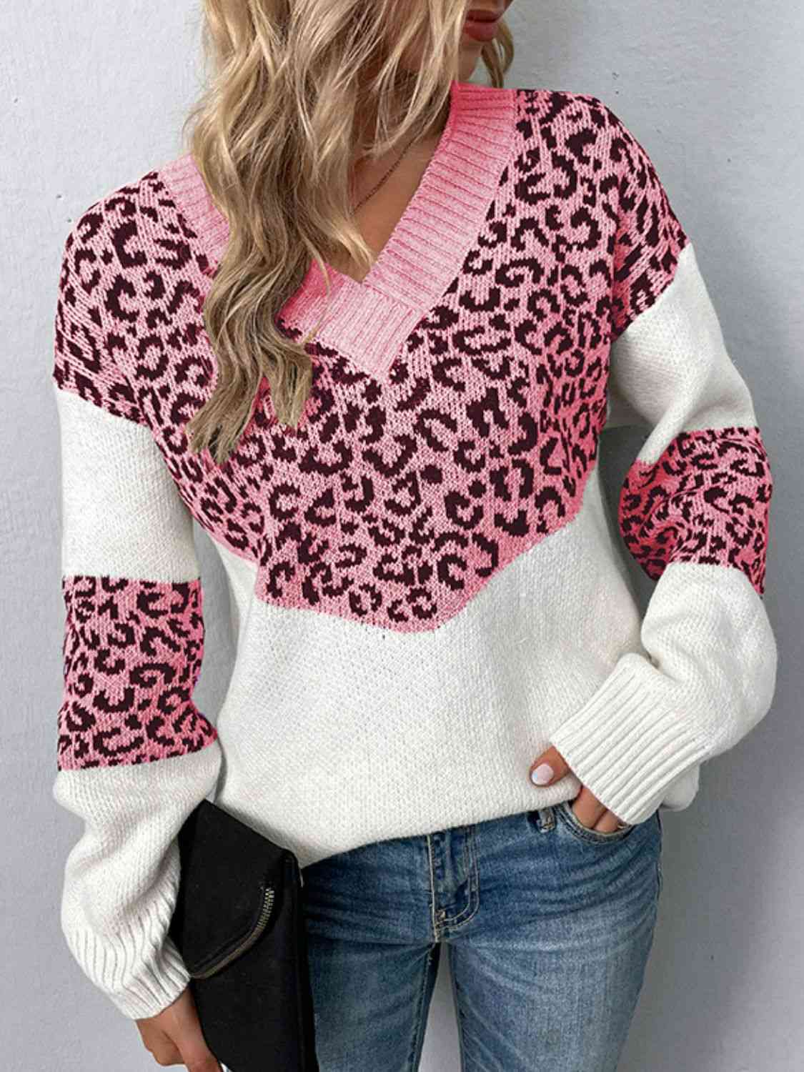 Leopard V-Neck Dropped Shoulder Sweater - Guy Christopher