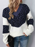 Leopard V-Neck Dropped Shoulder Sweater - Guy Christopher