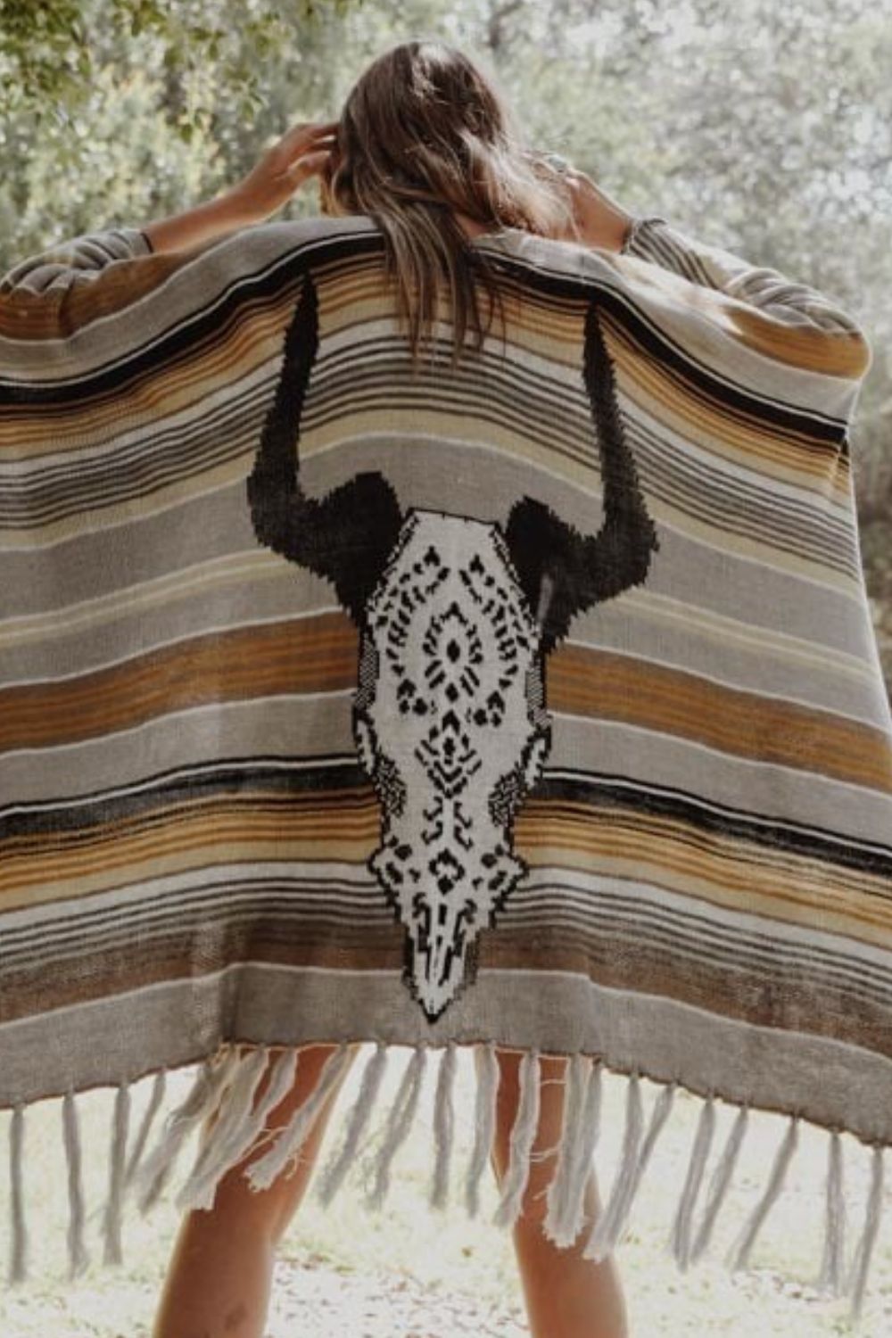 Leto Desert Wanderer Cow Skull Striped Poncho - Guy Christopher
