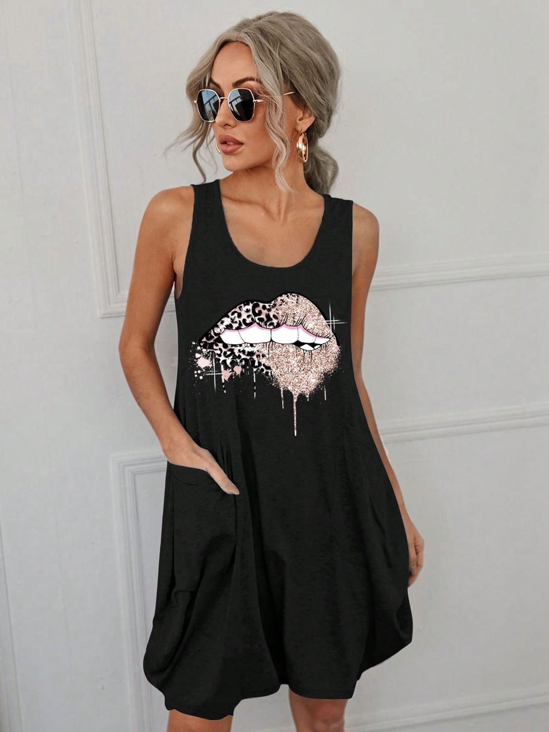 Lip Graphic Sleeveless Dress with Pockets - Guy Christopher